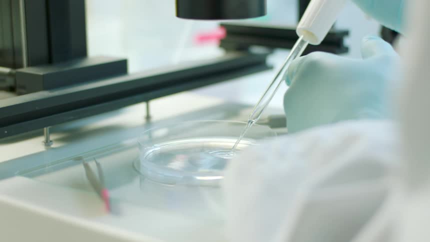 A person wearing a lab coat and latex gloves using a dropper to drop liquid into a petri dish