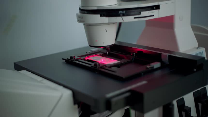 A microscope takes a picture of something on a slide