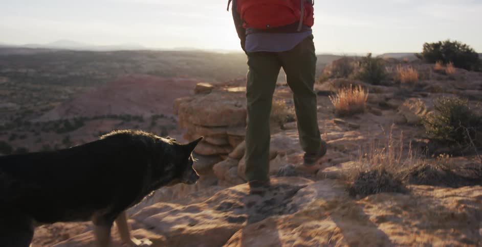 Man and dog hiking along the edge of rocky cliff in the canyon
