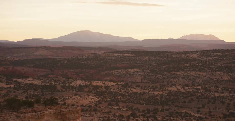 A desert filled with scrub brush sits in front of distant mountains