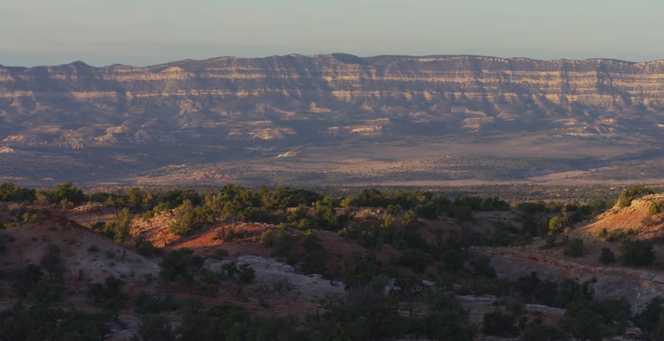 Shrubs covering low hills of orange and gray soil in the desert