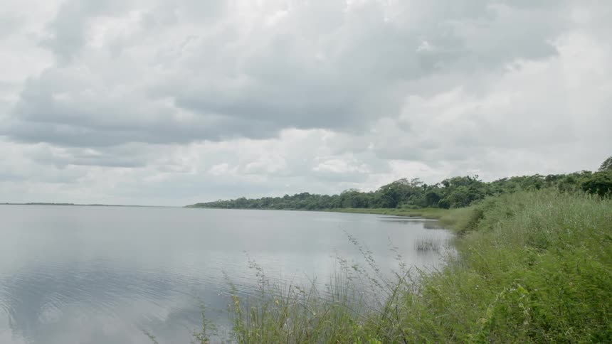 A still lake with a grassy area on the shore