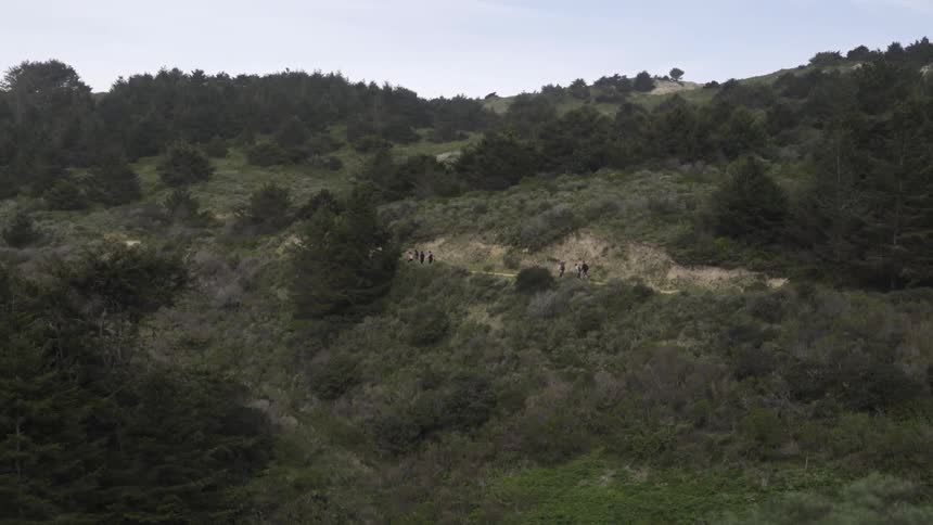 Aerial view of people hiking in the wilderness