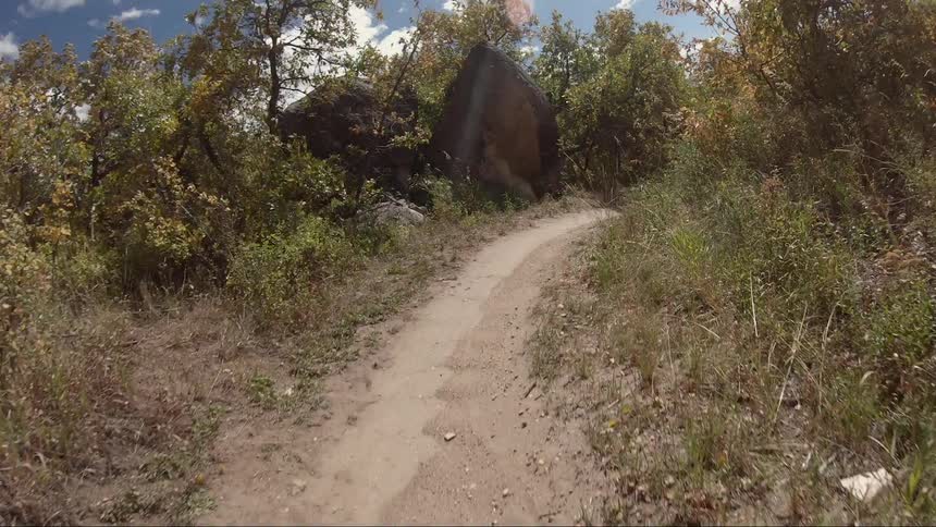 Point of view mountain biking down dirt trail