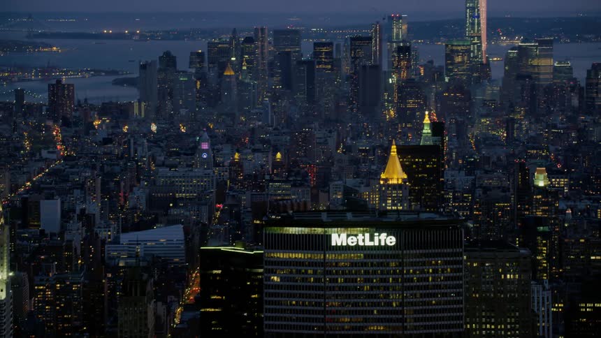 The city skyline lit up at night