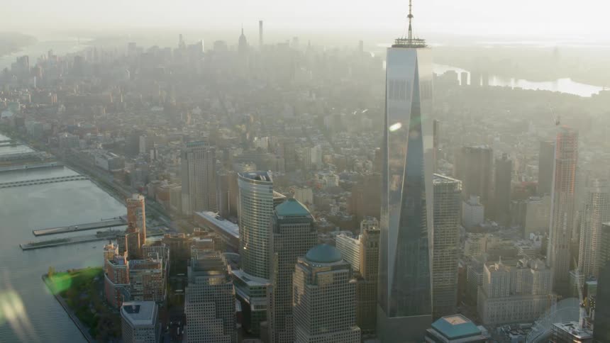 Aerial view of manhattan city skyline at dawn