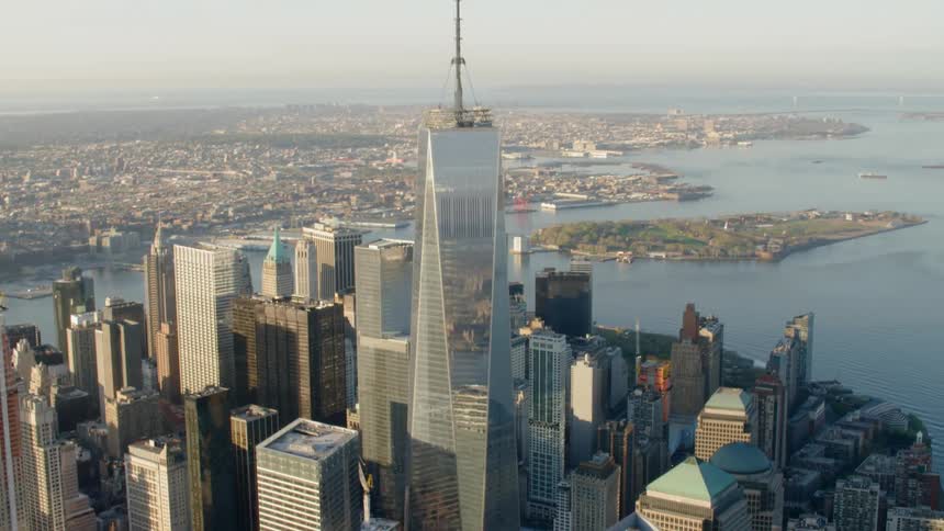 New york city skyline in front of new york harbor