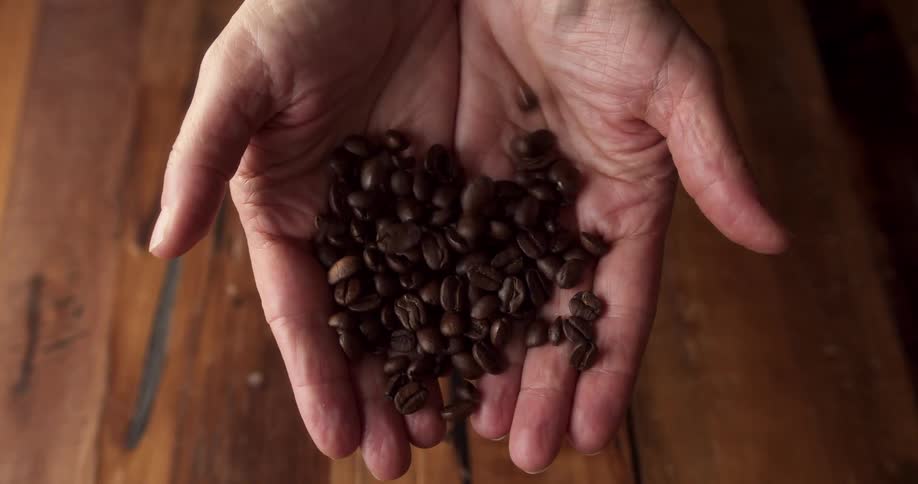 Coffee beans fill up an elderly white persons cupped hands