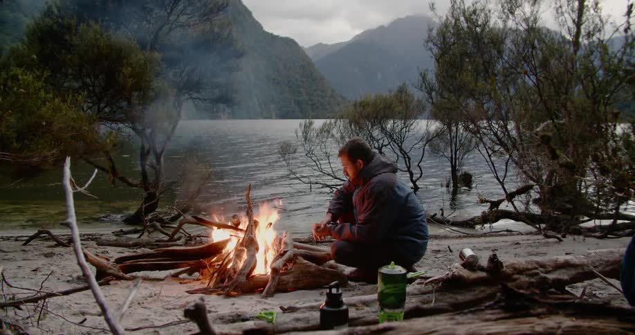 Beach campfire on the lakeshore
