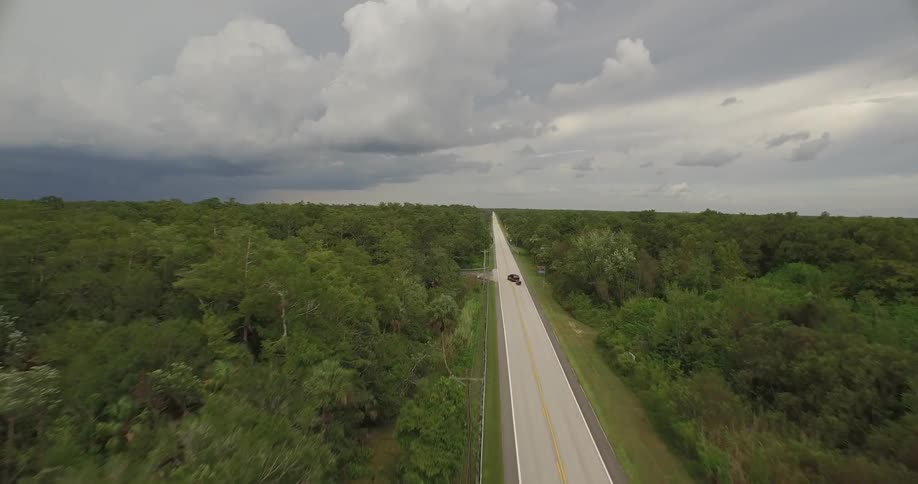 A truck pulling a trailer travels a long and empty stretch of highway through a forest
