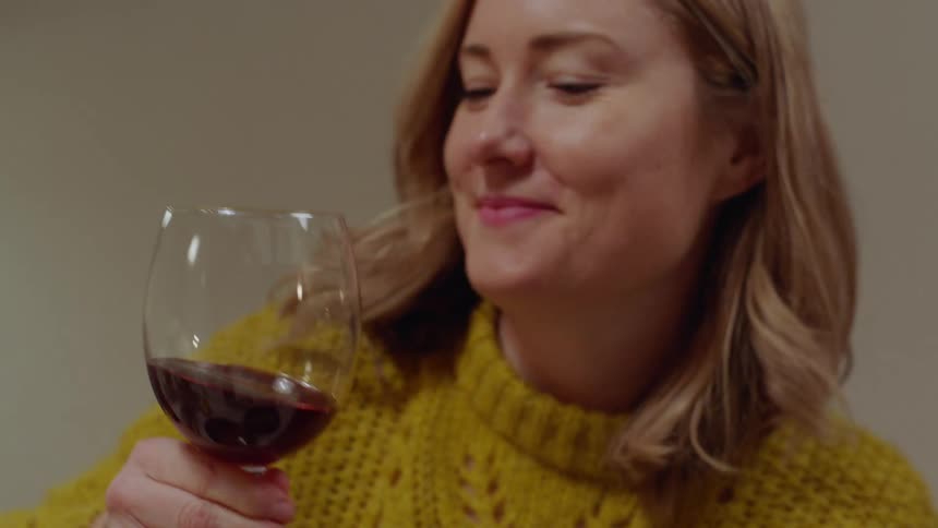 Woman enjoys luxurious dinner with wine at home with someone