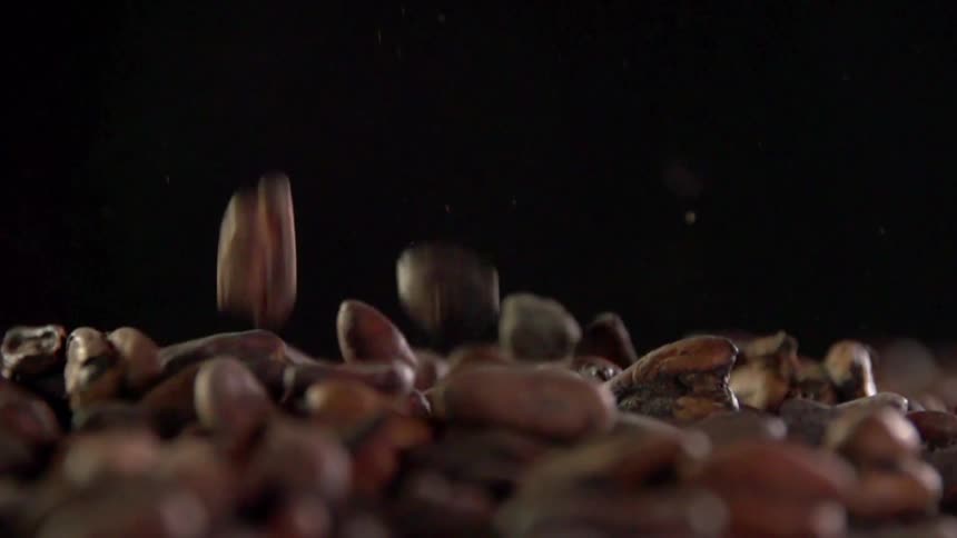 Brown beans fall into pile against black background