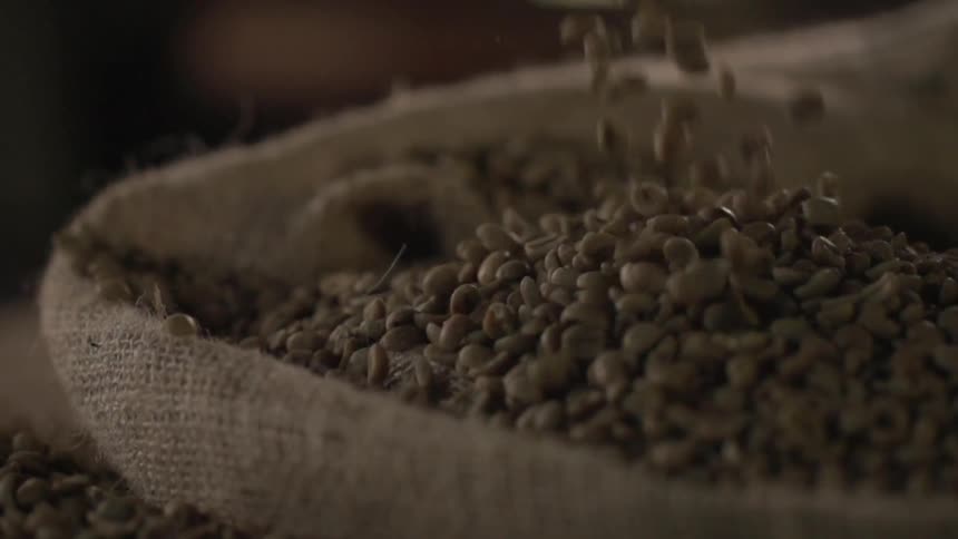 Beans falling atop a canvas bag
