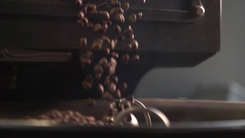 Coffee beans falling in to a machine at a factory