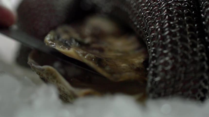 Person holds shellfish still then pries it open with blade