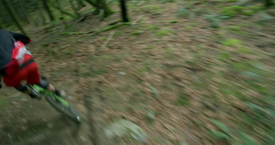 Mountain bike rider jumping and riding through the woods