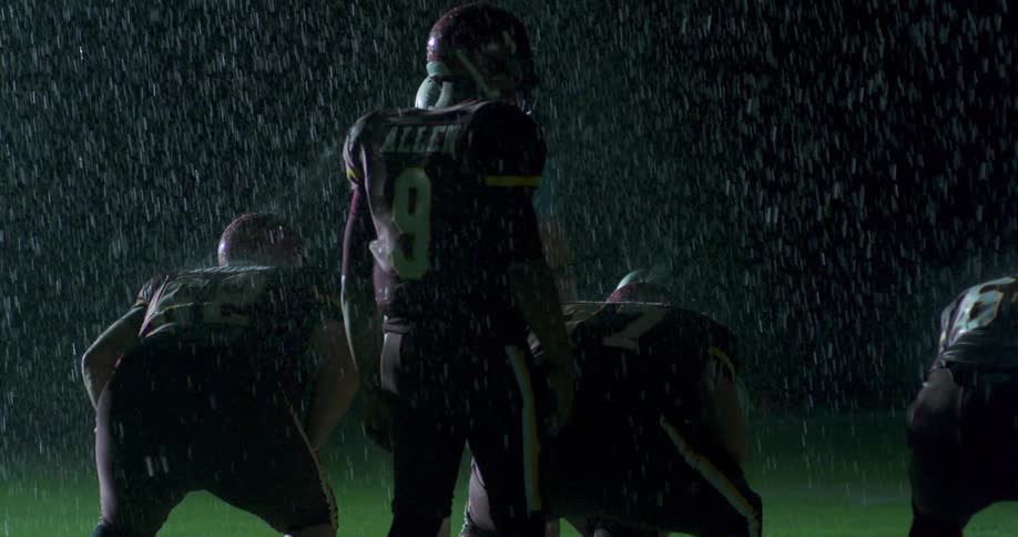 A football team on the field preparing for a play to start