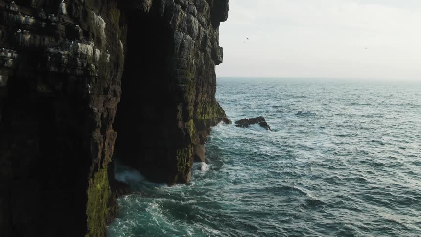 Birds fly around the shore cliffs as waves splash against the rock