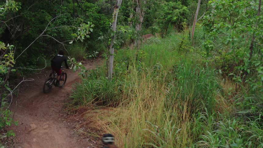 A man and woman mountain bike on a path through a forest
