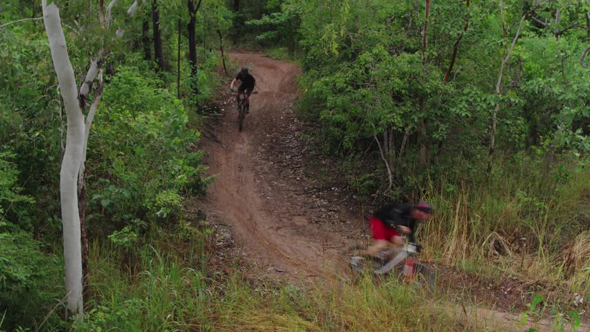 Two people rides mountain bikes on a woodland trail