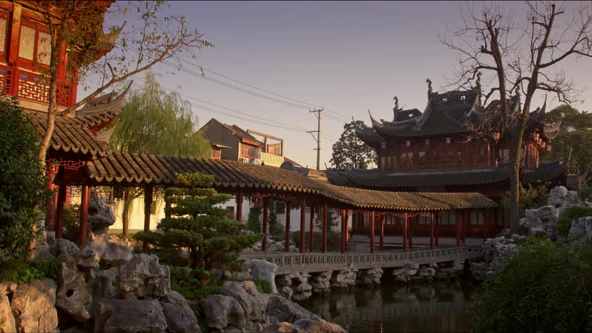 Two buildings with a bridge between them