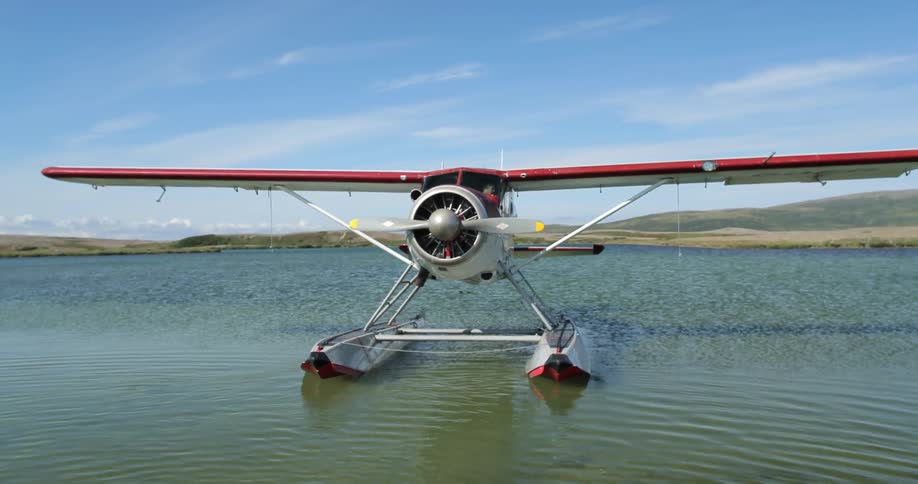 A single-engine seaplane sits in the water of a lake on a sunny day
