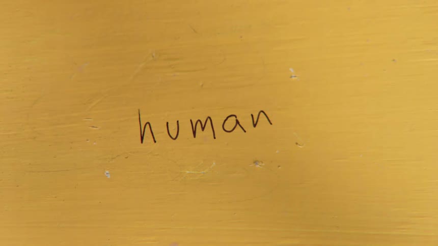 The word human written in black ink on yellow painted wood