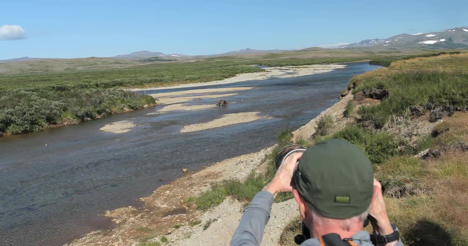 A man is photographing wildlife in a creek from a hill nearby