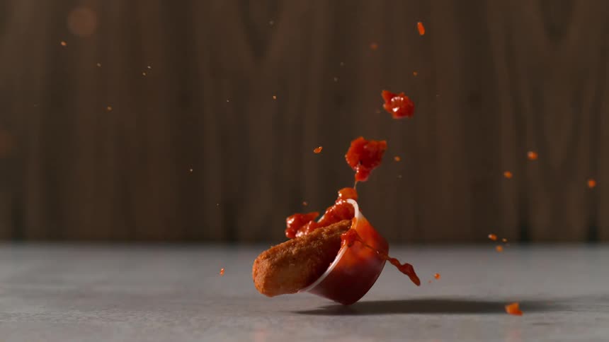 A piece of fried food falls into a cup of sauce and splashes it everywhere