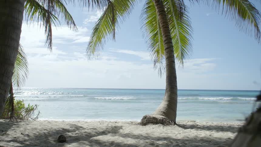 Waves gently lapping on a white sand beach on a tropical island