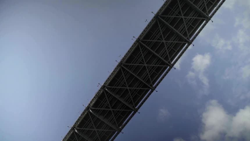 Worms eye view of a tall bridge against blue sky