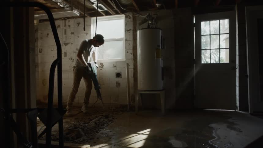 A man uses a jackhammer inside a garage or barn