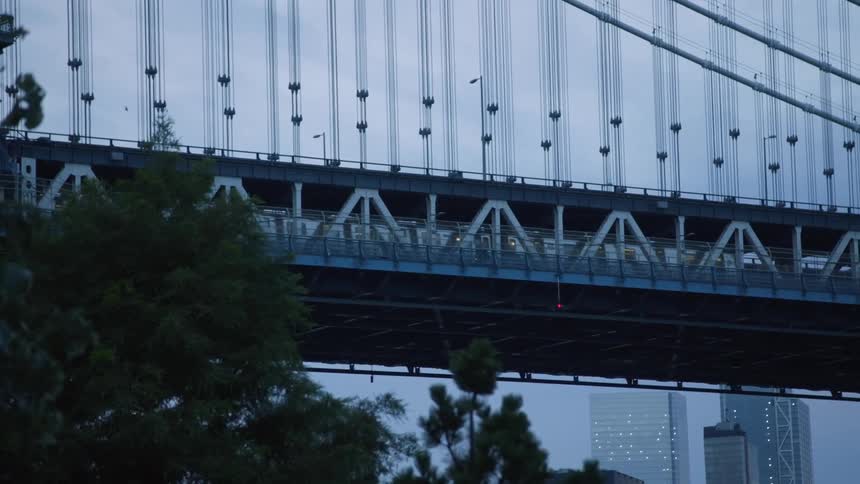 An elevated train passes through downtown