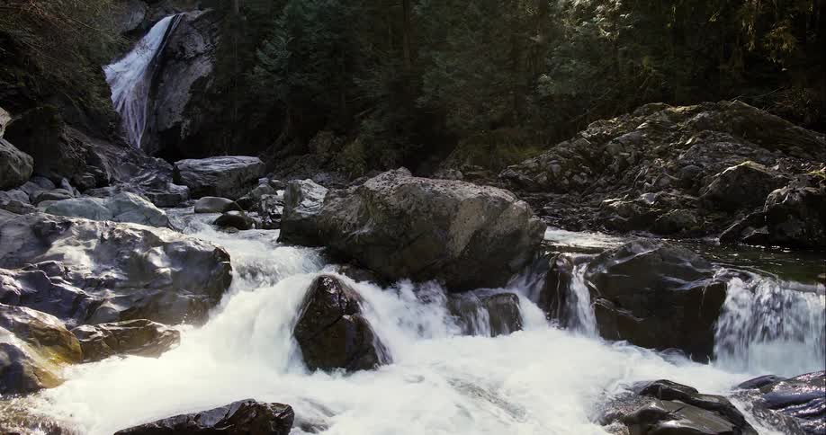 A waterfall feeds the rapids in a river