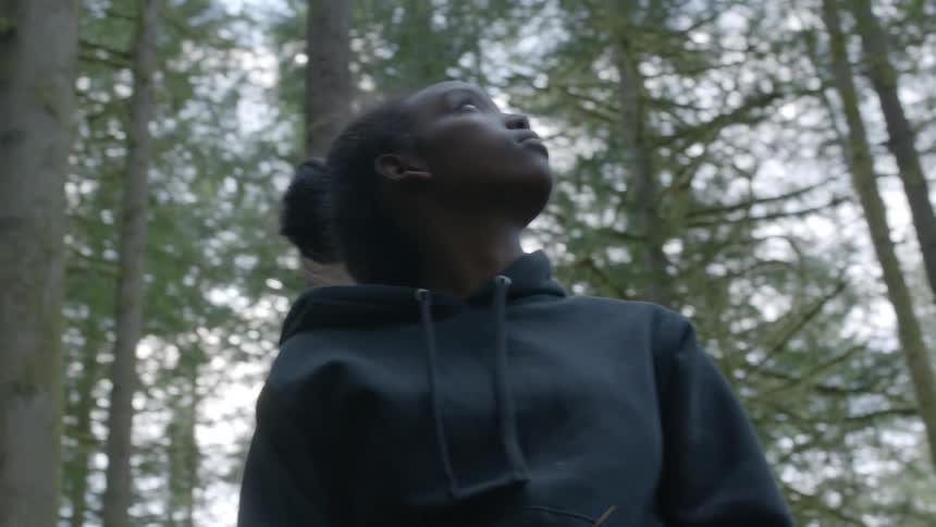 Young black girl looks up towards sky in pine forest