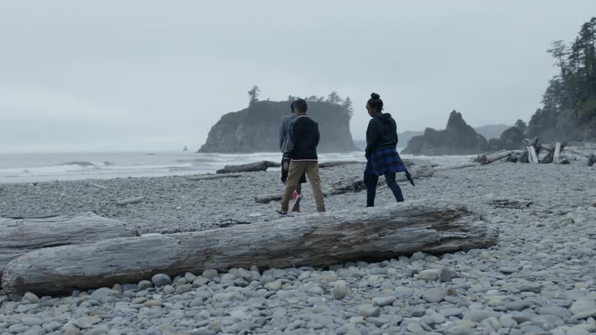 Three people walk across stone covered beach bordering forest toward ocean on misty day