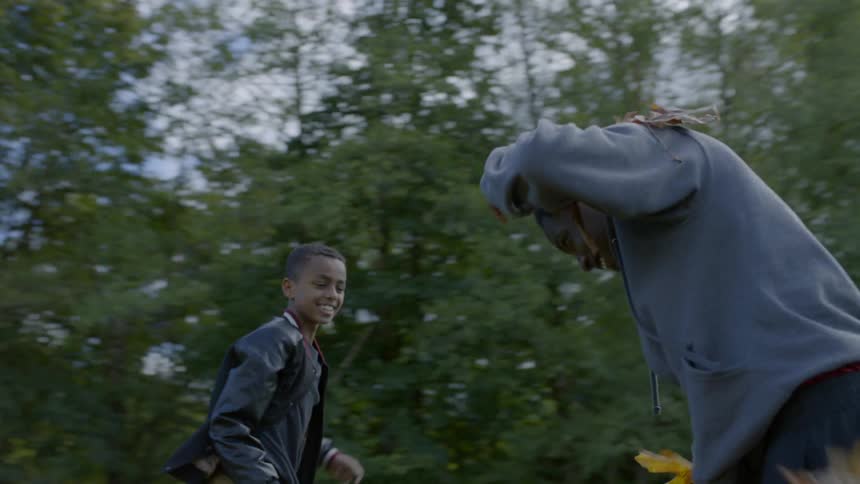 Boys laugh as they chase and throw handfuls of fallen leaves at each other