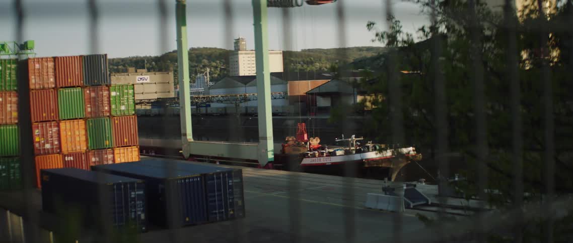A fence with a cargo ship and shipping containers in the background