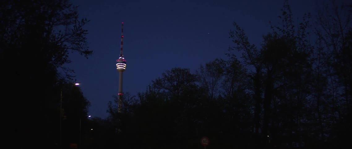 A tower looming in the night over a road flanked by trees