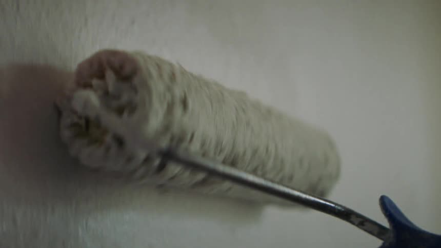 Paint roller applying white paint to textured wall