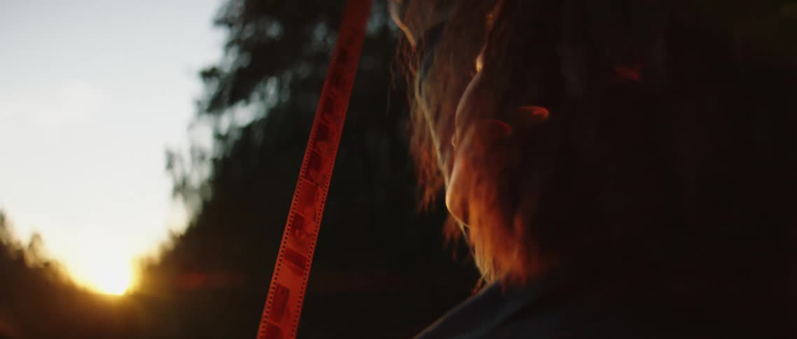 A woman standing in a woodland examining a roll of film in the light of the setting sun