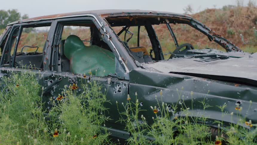 Abandoned old car left to rust in overgrown grass