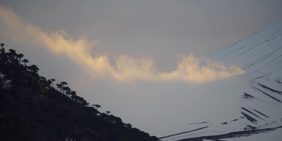 Sunset clouds over a snowy forest and mountain