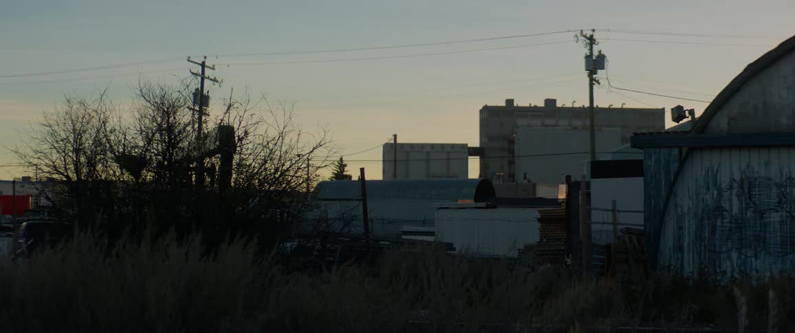 Shed and buildings in a small town sit near the trees at dusk