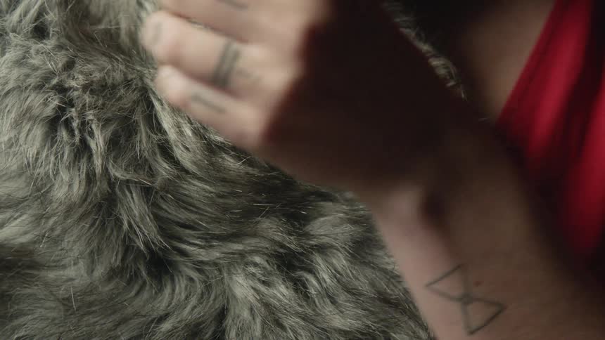 A white woman pets thick hair