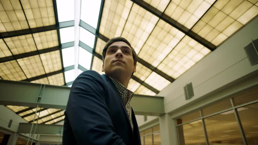A man inside a building looking around