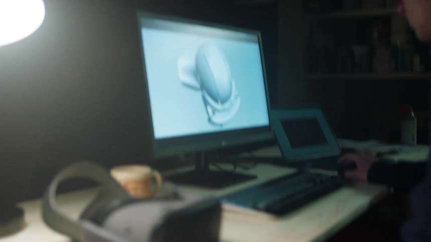A man sits at his desk in a garage and compares a helmet on a computer screen to a helmet next to him
