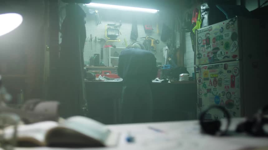 A white male stands at a workbench in a room and works on a project
