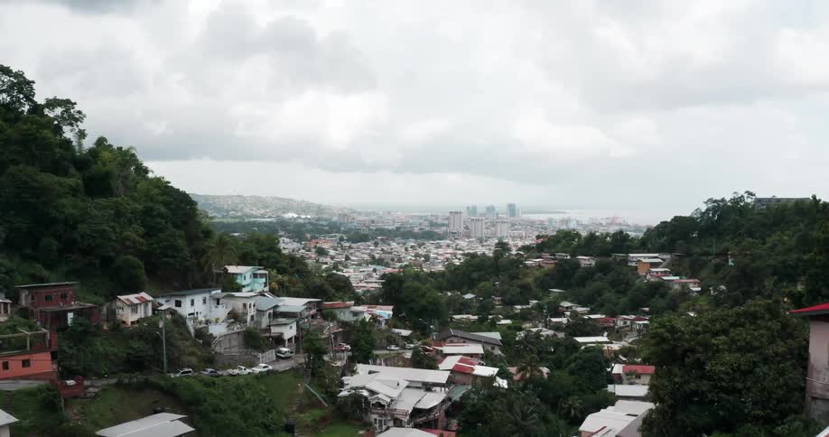 Homes and roads on a tree covered hill with the city skyline on the horizon