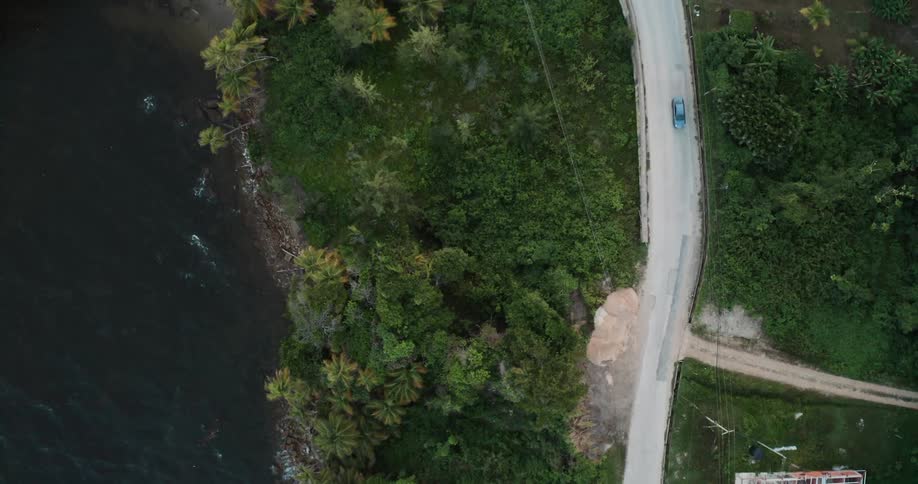 Aerial view of a car driving along tropical coastline